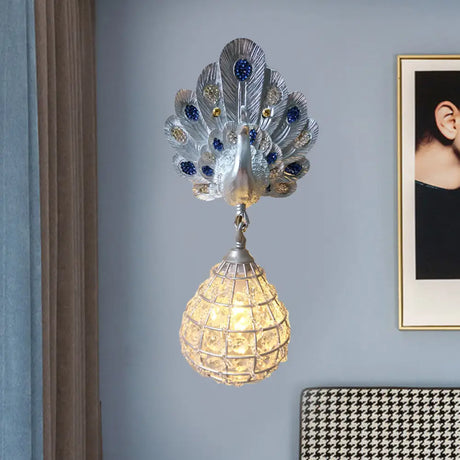 Vintage Peacock Resin Wall Sconce With 1 Light Green/Silver/Blue Silver