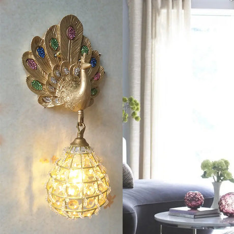 Vintage Peacock Resin Wall Sconce With 1 Light Green/Silver/Blue Gold