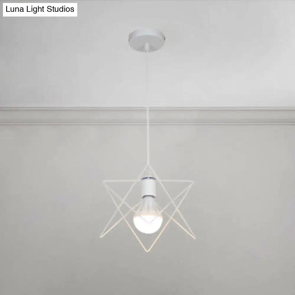 Vintage Pendant Light With Wire Frame Star Shade & White Finish - Bedroom Suspension Lighting