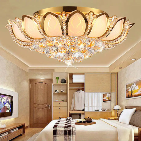 Vintage Petal Flushed Gold Ceiling Light With Frosted Glass & Clear Crystal Ball Décor - 18/19.5 W