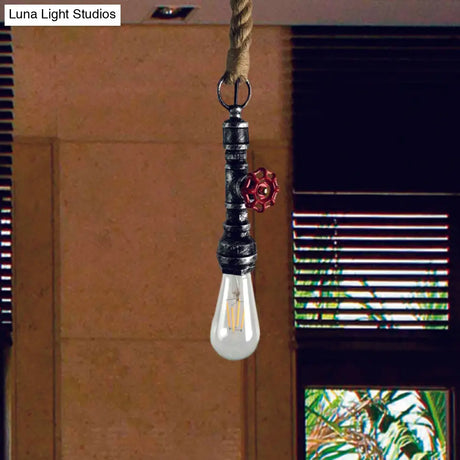 Vintage Pipe And Valve Iron Pendant Light: 1 Bulb Bar Hanging Ceiling Lamp In Black/Silver/Copper