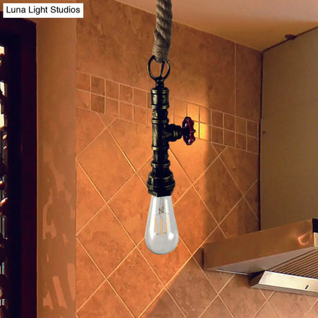 Vintage Pipe And Valve Iron Pendant Light: 1 Bulb Bar Hanging Ceiling Lamp In Black/Silver/Copper