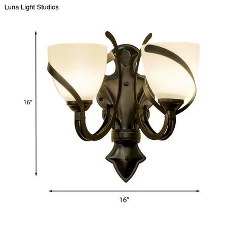 Vintage Porch Wall Lamp - White Glass Black Dome Sconce With Curvy Arm 1/2-Light