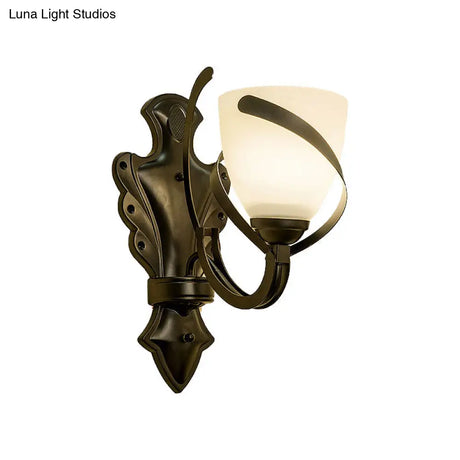 Vintage Porch Wall Lamp - White Glass Black Dome Sconce With Curvy Arm 1/2-Light