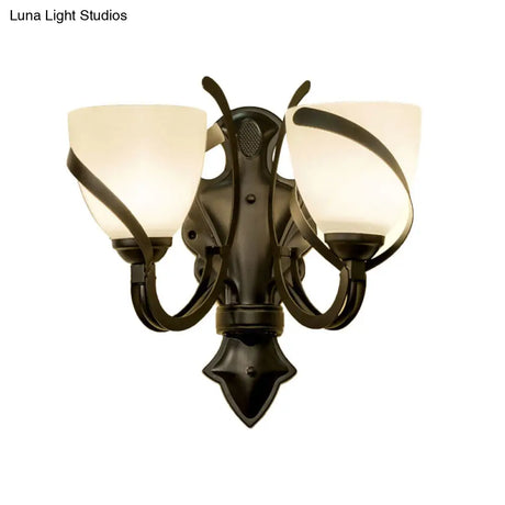 Vintage Porch Wall Lamp - White Glass Black Dome Sconce With Curvy Arm 1/2-Light