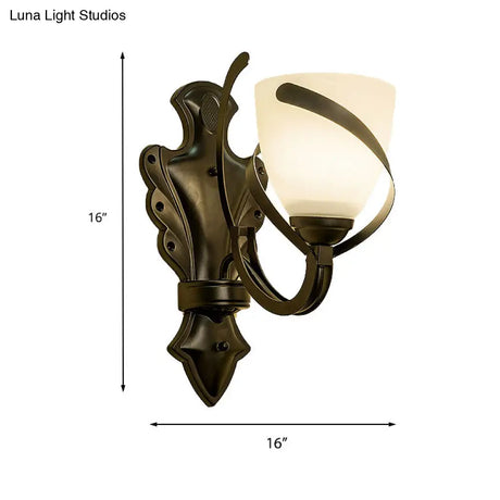 Vintage Porch Wall Lamp - White Glass Black Dome Sconce With Curvy Arm 1/2-Light