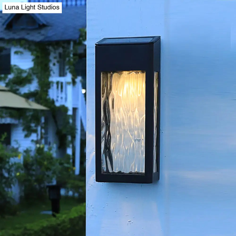 Vintage Rectangular Glass Solar Wall Light With Ripple Design - Outdoor Led Lamp In Black