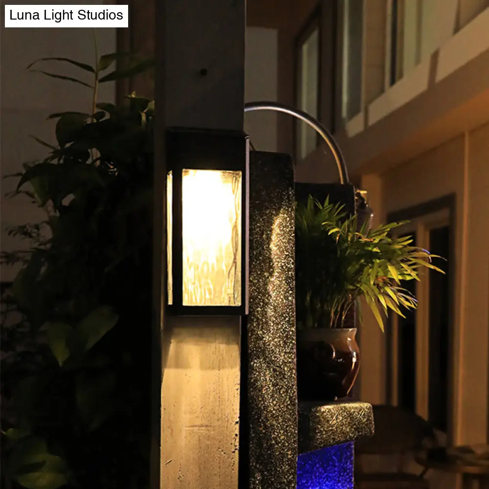 Vintage Rectangular Glass Solar Wall Light With Ripple Design - Outdoor Led Lamp In Black