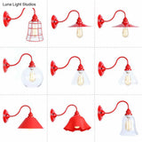 Vintage Red Gooseneck Wall Lamp: Retro Metal Bedside Fixture With Ruffle/Cone Shade/Cage