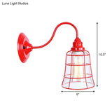 Vintage Red Gooseneck Wall Lamp: Retro Metal Bedside Fixture With Ruffle/Cone Shade/Cage