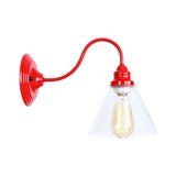 Vintage Red Gooseneck Wall Lamp: Retro Metal Bedside Fixture With Ruffle/Cone Shade/Cage / E