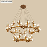 Vintage Resin Brown Led Chandelier Light - Antler Living Room Ceiling Lighting With Frosted Glass