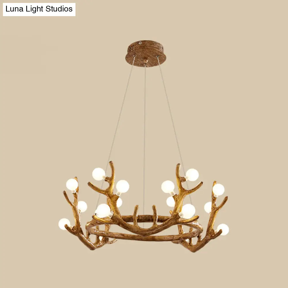 Vintage Resin Brown Led Chandelier Light - Antler Living Room Ceiling Lighting With Frosted Glass