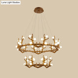 Vintage Resin Brown Led Chandelier Light - Antler Living Room Ceiling Lighting With Frosted Glass