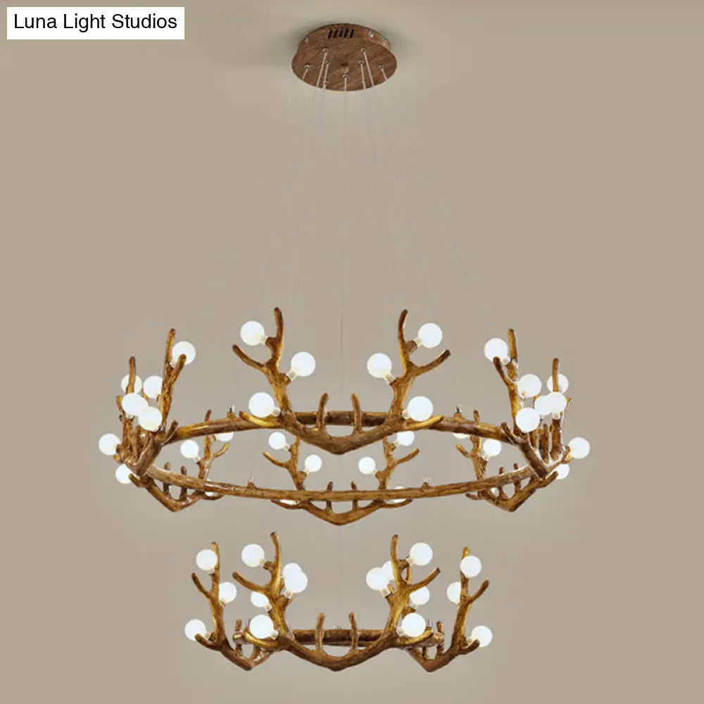 Vintage Resin Brown Led Chandelier Light - Antler Living Room Ceiling Lighting With Frosted Glass