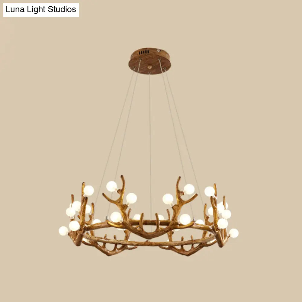 Vintage Resin Brown Led Chandelier Light - Antler Living Room Ceiling Lighting With Frosted Glass
