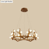 Vintage Resin Brown Led Chandelier Light - Antler Living Room Ceiling Lighting With Frosted Glass