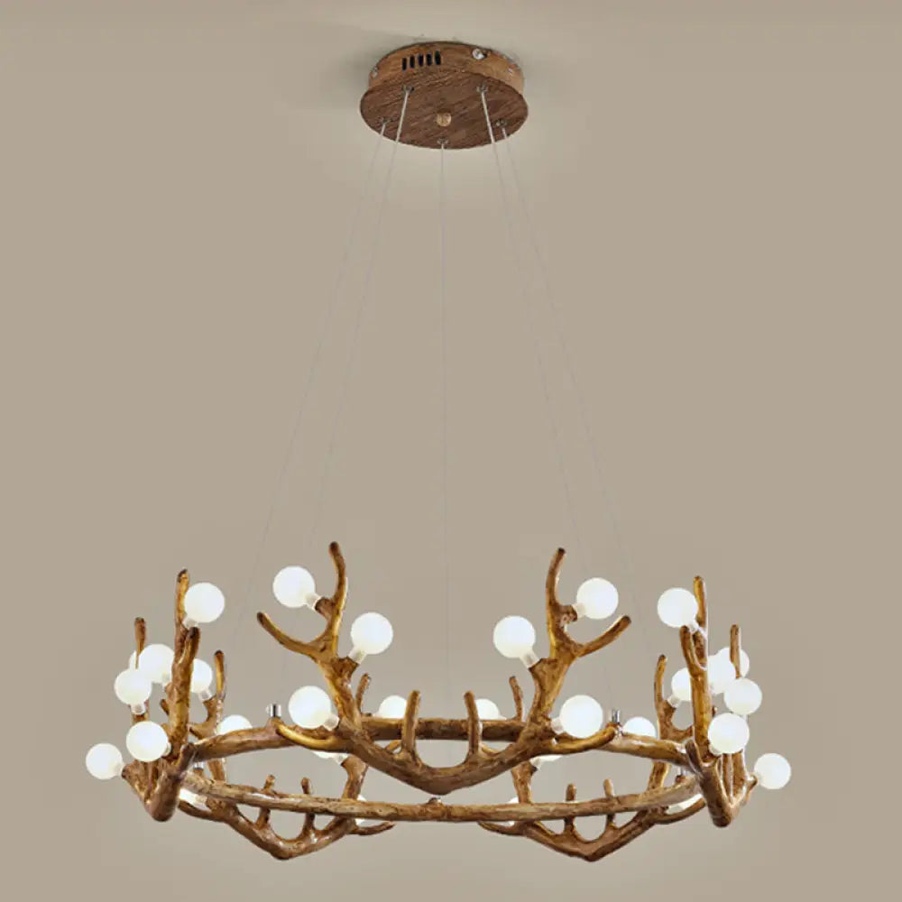 Vintage Resin Brown Led Chandelier Light - Antler Living Room Ceiling Lighting With Frosted Glass