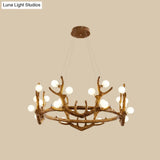 Vintage Resin Brown Led Chandelier Light - Antler Living Room Ceiling Lighting With Frosted Glass
