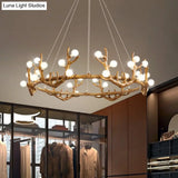 Vintage Resin Brown Led Chandelier Light - Antler Living Room Ceiling Lighting With Frosted Glass