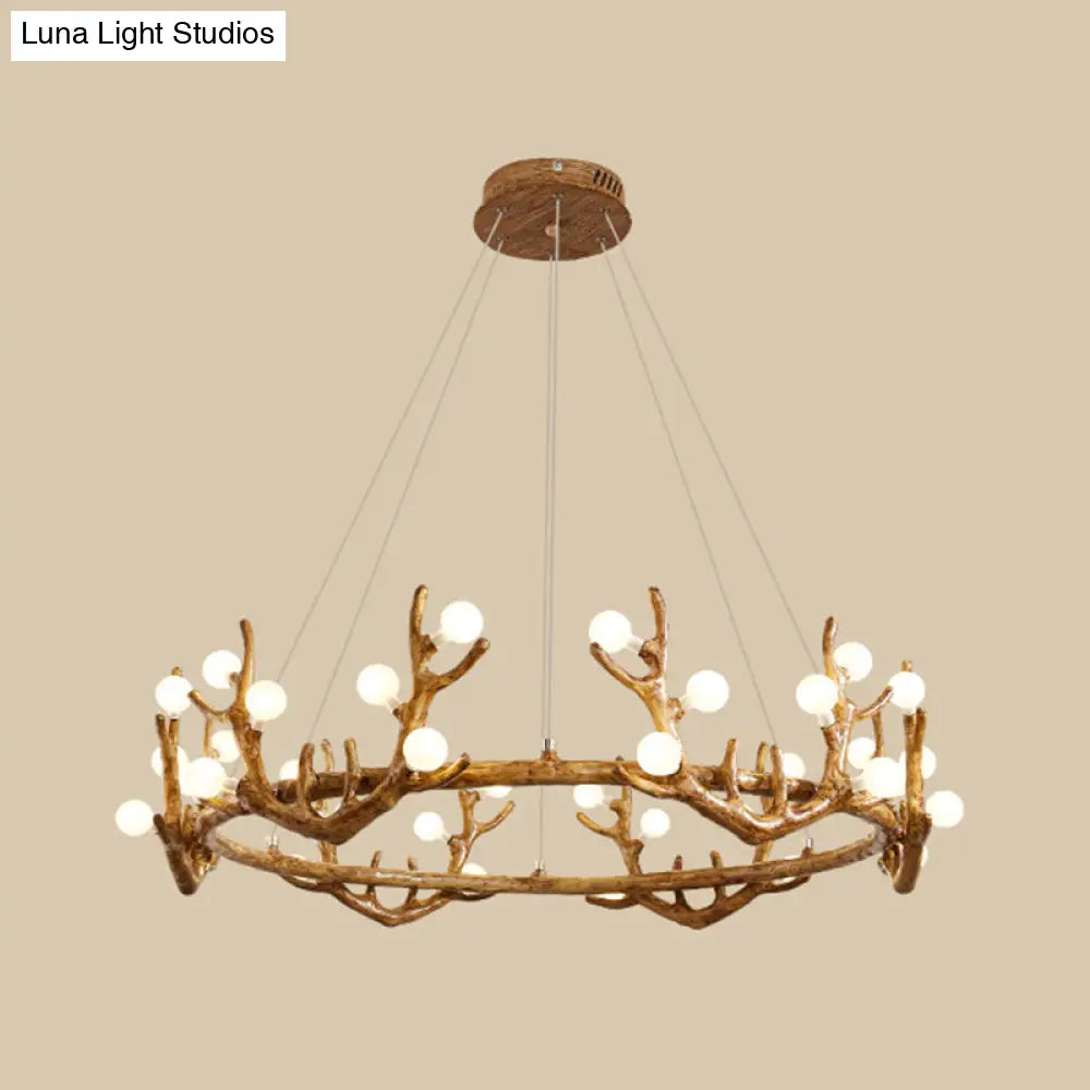 Vintage Resin Brown Led Chandelier Light - Antler Living Room Ceiling Lighting With Frosted Glass