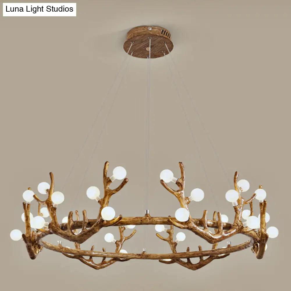 Vintage Resin Brown Led Chandelier Light - Antler Living Room Ceiling Lighting With Frosted Glass