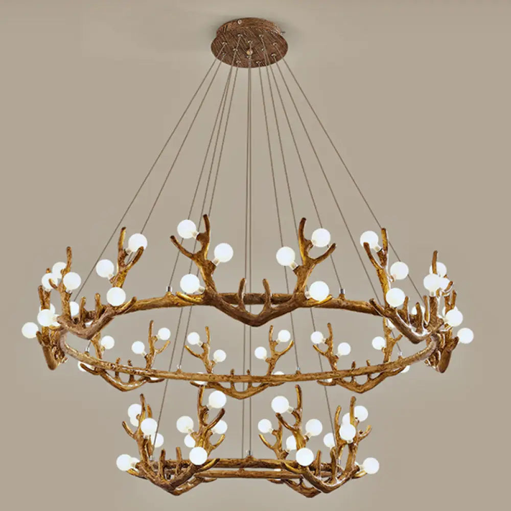 Vintage Resin Brown Led Chandelier Light - Antler Living Room Ceiling Lighting With Frosted Glass