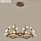 Vintage Resin Brown Led Chandelier Light - Antler Living Room Ceiling Lighting With Frosted Glass