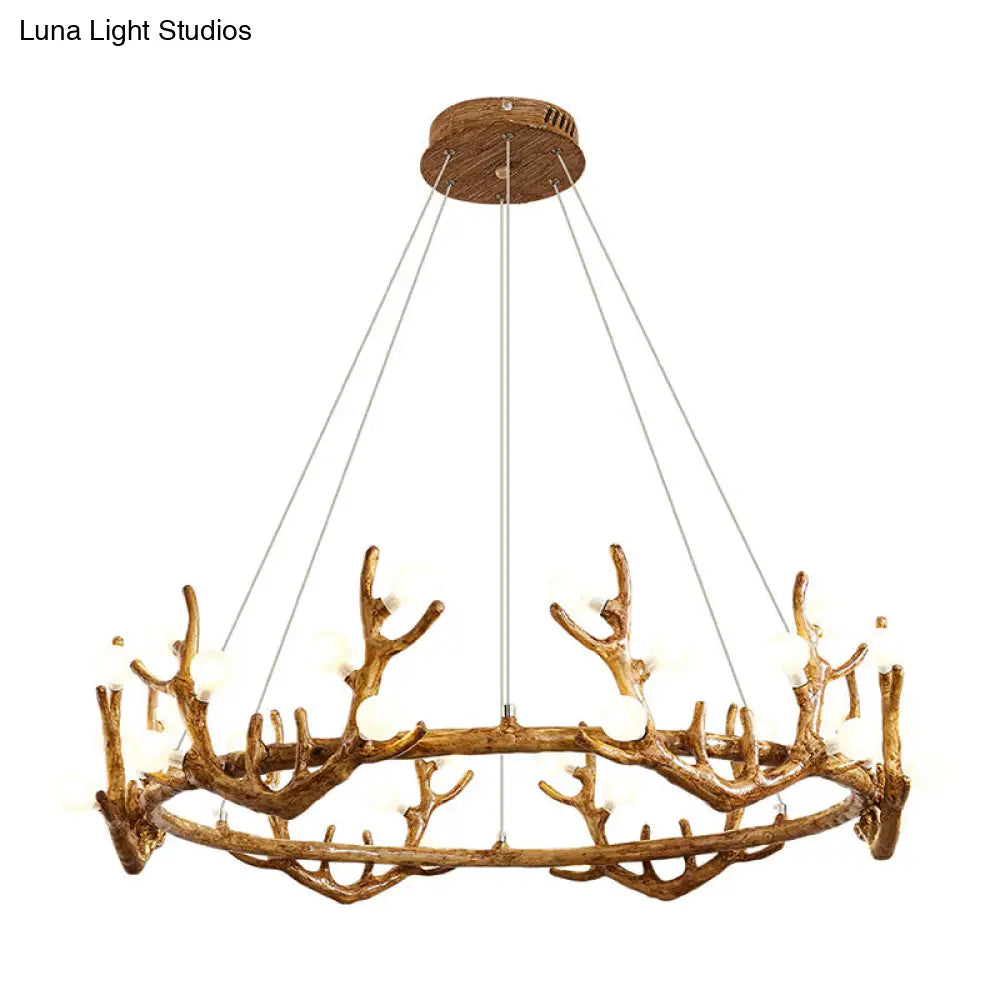 Vintage Resin Brown Led Chandelier Light - Antler Living Room Ceiling Lighting With Frosted Glass
