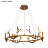 Vintage Resin Brown Led Chandelier Light - Antler Living Room Ceiling Lighting With Frosted Glass