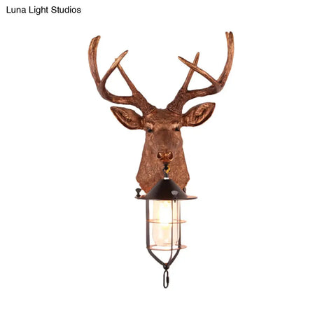 Vintage Resin Deer-Head Wall Lamp Sconce With Cage - Brown 1 Bulb Mount Lighting
