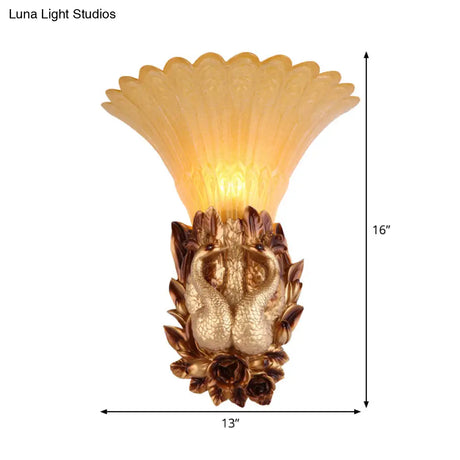 Vintage Resin Gold Wall Sconce Light With Ribbed Amber Glass Shade - Peacock Bedroom Lighting