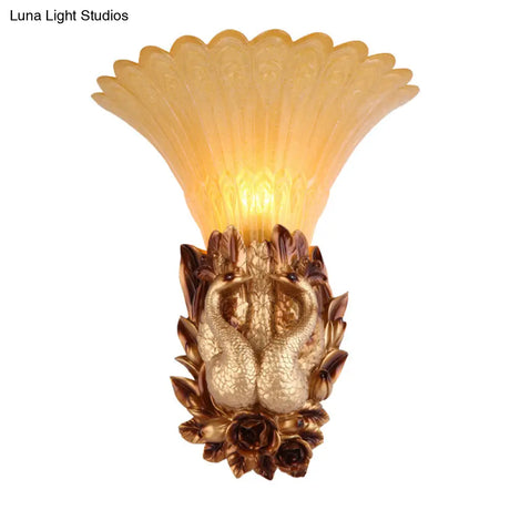 Vintage Resin Gold Wall Sconce Light With Ribbed Amber Glass Shade - Peacock Bedroom Lighting