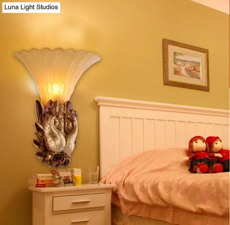 Vintage Resin Gold Wall Sconce Light With Ribbed Amber Glass Shade - Peacock Bedroom Lighting