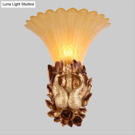 Vintage Resin Gold Wall Sconce Light With Ribbed Amber Glass Shade - Peacock Bedroom Lighting