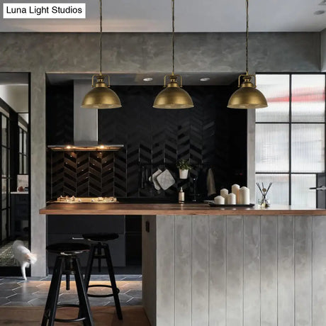 Vintage Retro Brass Pendant Lamp With Handle - Brushed Domed Style 1-Light Suspension For Kitchen