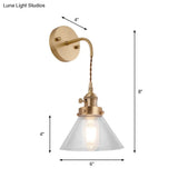 Vintage Retro Brass Wall Sconce With Clear Conical Glass Shade