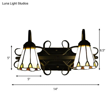Vintage Retro Gooseneck Cone Sconce With Stained Glass - Dual Head Wall Light In Beige For Bedroom