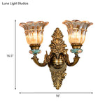 Vintage Ribbed Glass Flower Wall Sconce With Brass 1/2 Heads: Retro Style Mount Lamp