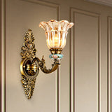 Vintage Ribbed Glass Flower Wall Sconce With Brass 1/2 Heads: Retro Style Mount Lamp 1 /