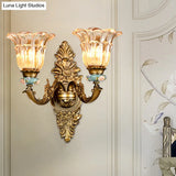 Vintage Ribbed Glass Flower Wall Sconce With Brass 1/2 Heads: Retro Style Mount Lamp
