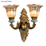 Vintage Ribbed Glass Flower Wall Sconce With Brass 1/2 Heads: Retro Style Mount Lamp