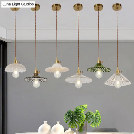 Vintage Ribbed Glass Pendant Lamp: Brass Single-Bulb Hanging Light For Dining Room
