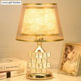 Vintage Rose Print Fabric Table Lamp - Romantic Red/Gold Dual Cone Shade Cube Crystal Base