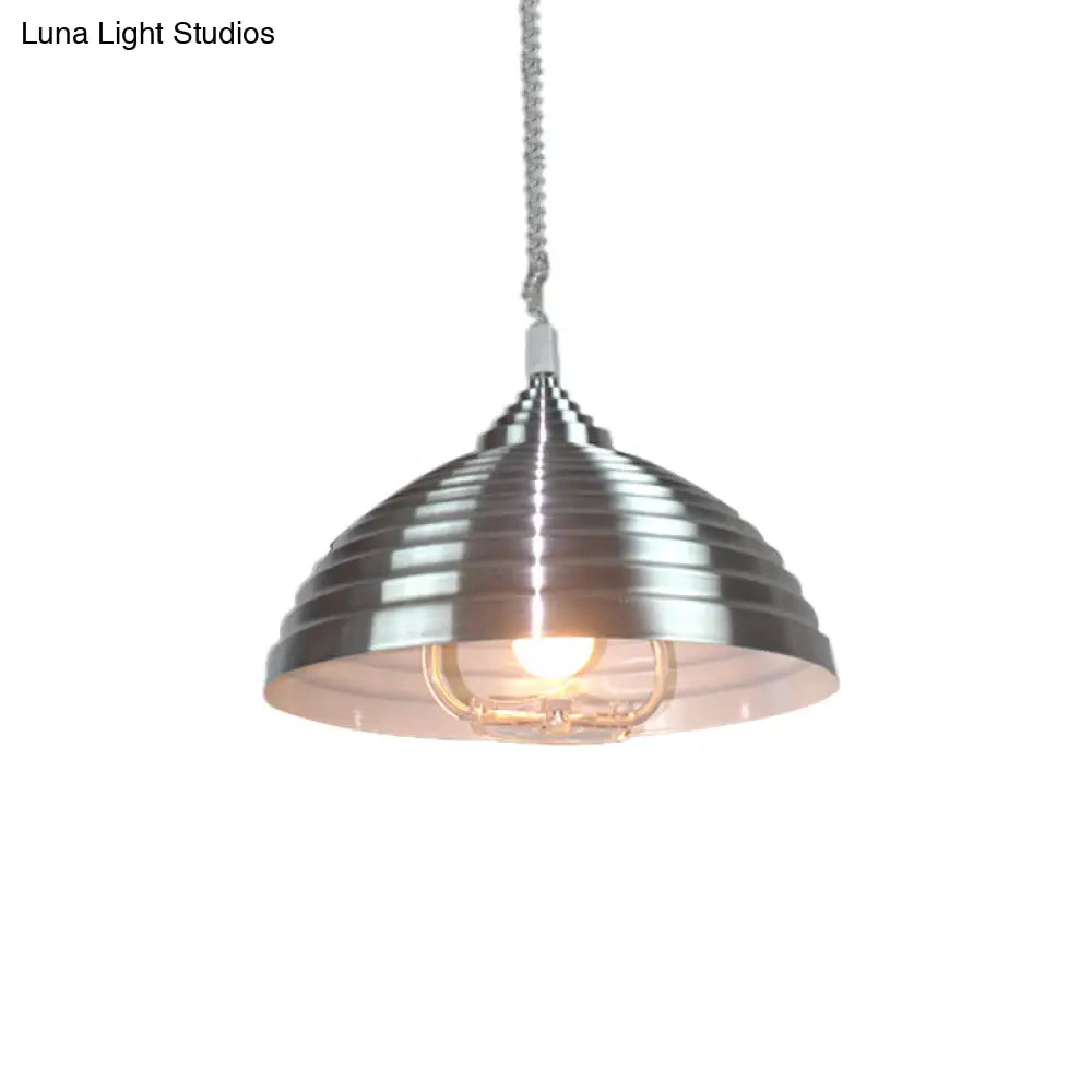 Vintage Rose Red/Nickel Domed Hanging Light Pendant With Ribbed Design - Indoor Metal Lighting 1