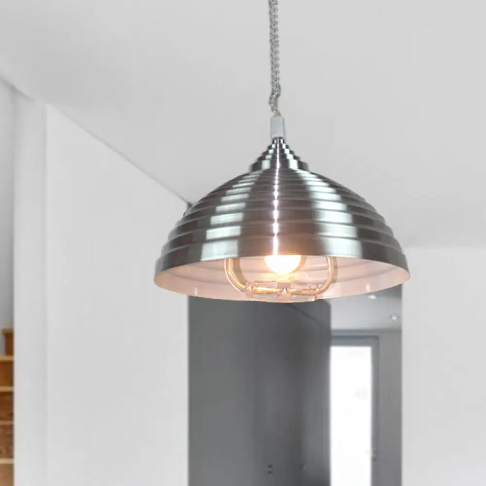 Vintage Rose Red/Nickel Domed Hanging Light Pendant With Ribbed Design - Indoor Metal Lighting 1