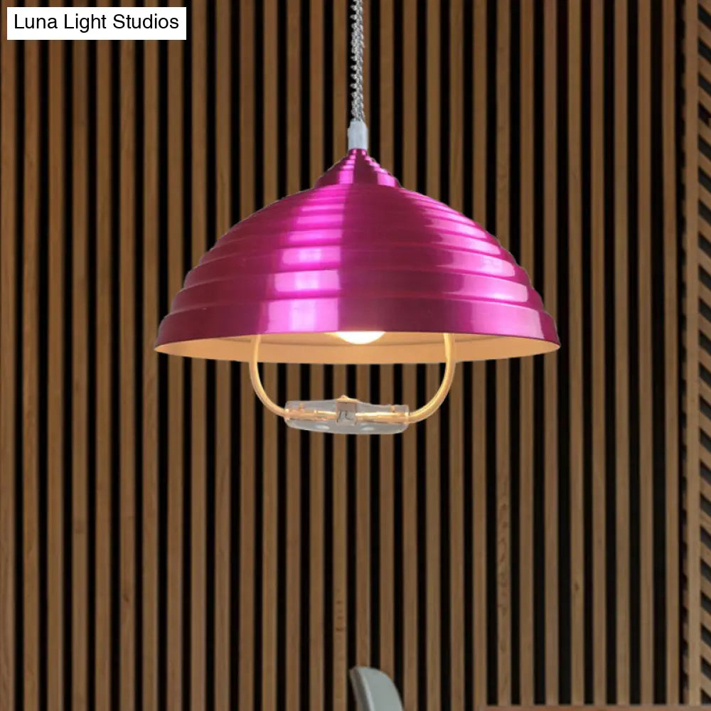 Vintage Rose Red/Nickel Domed Hanging Light Pendant With Ribbed Design - Indoor Metal Lighting 1