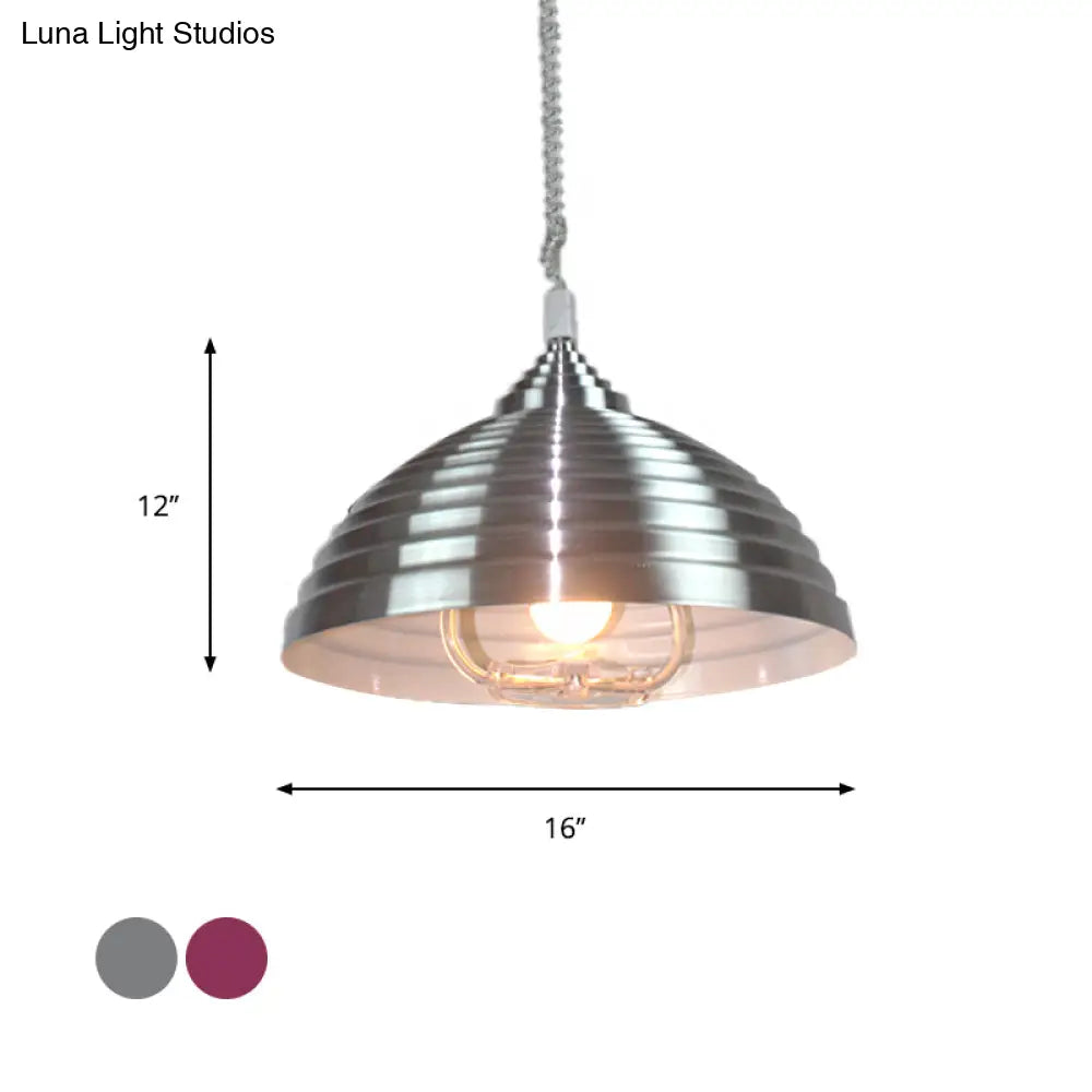 Vintage Rose Red/Nickel Domed Hanging Light Pendant With Ribbed Design - Indoor Metal Lighting 1