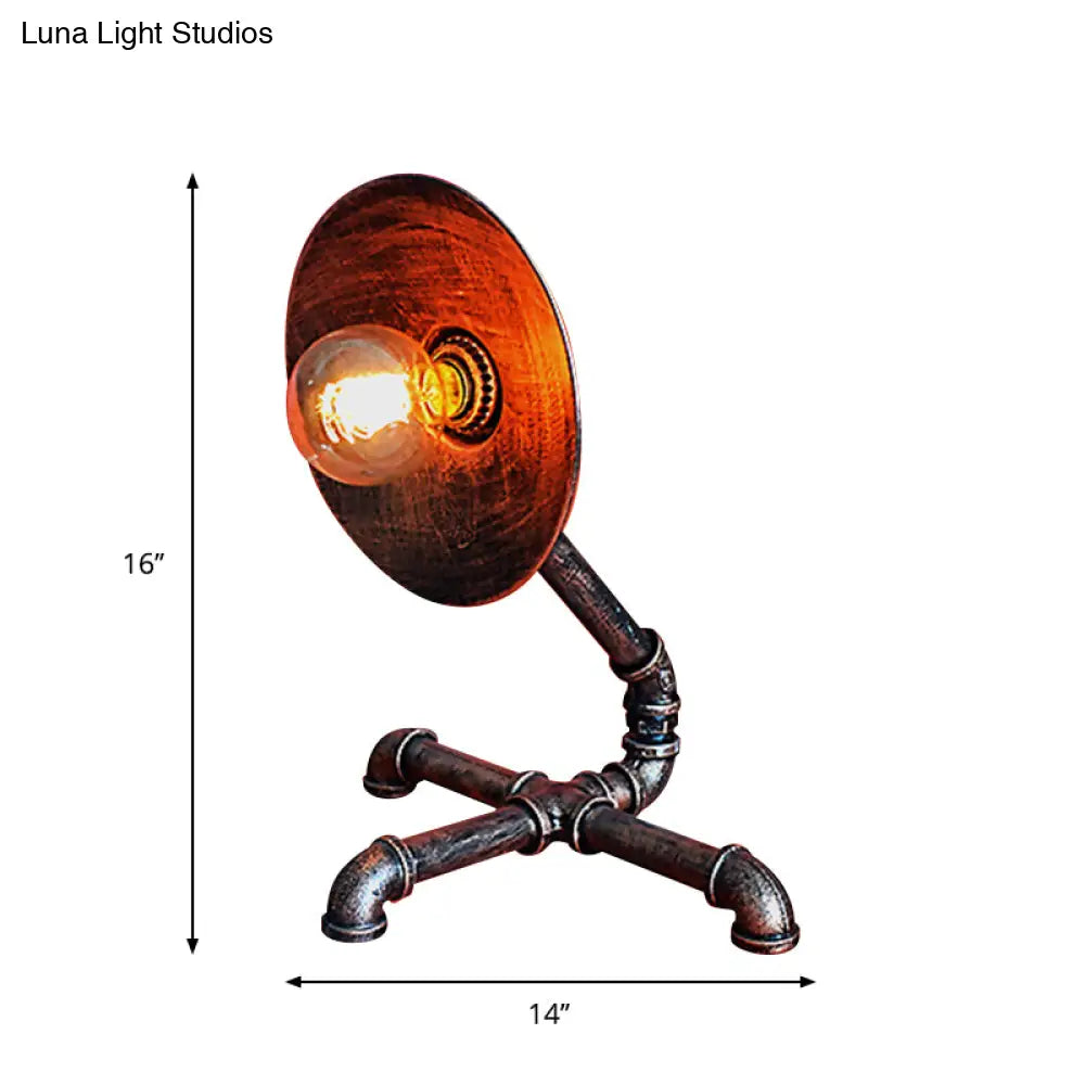 Vintage Round Table Lamp With Metal Shade & Pipe-Like Base - Antique Style Rust Finish Ideal For