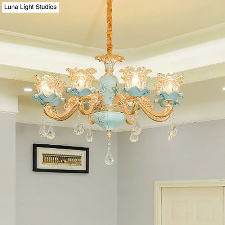 Vintage Ruffle Glass Flower Chandelier With Hanging Crystal - Blue Pendant Light For Living Room